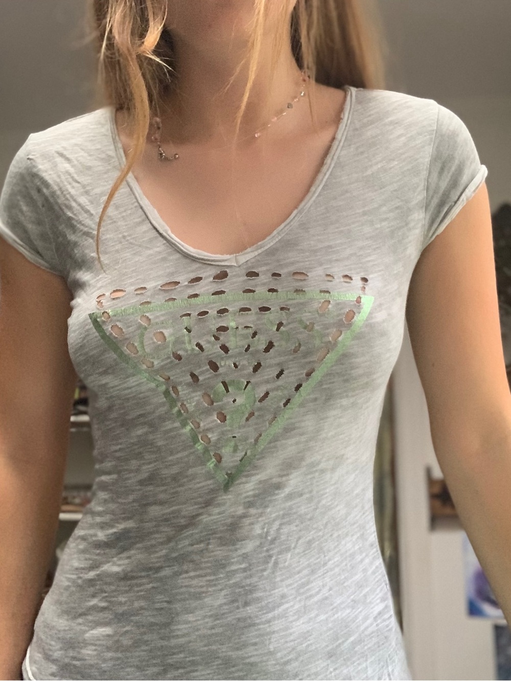 Guess Light Gray Scoop Neck Tee with Metallic Green Triangle